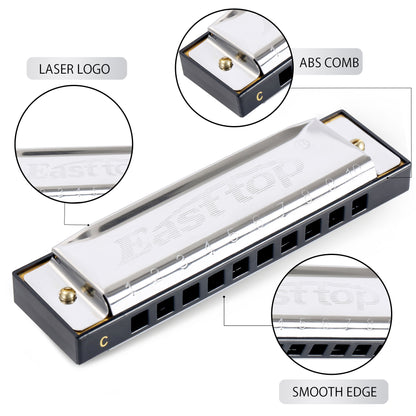 EAST TOP Harmonica With Case | 10 Holes Mouth Organ | Key Of C