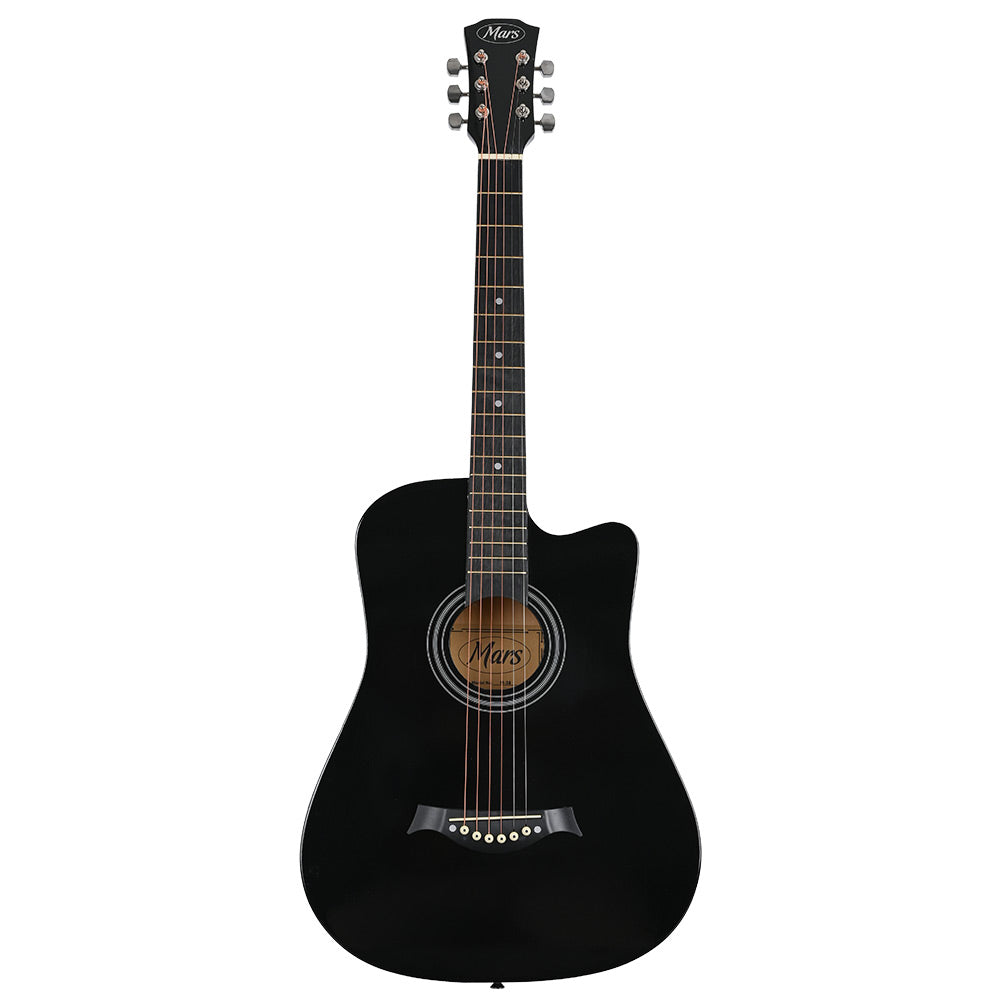 Mars M-38 BK Acoustic Guitar | Cutaway | 6 String | Black | With Bag, Plectrum, Belt & Strings