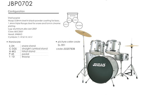 JINBAO JBP0702 (5 piece Drumset with Cymbals and Throne)