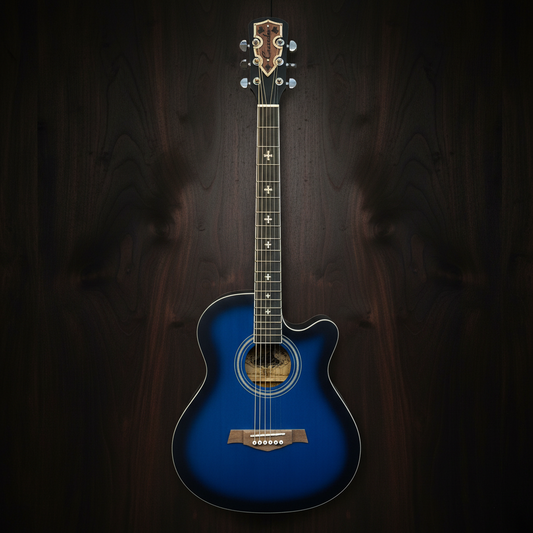 Blue Acoustic Guitar on Dark Wood Background