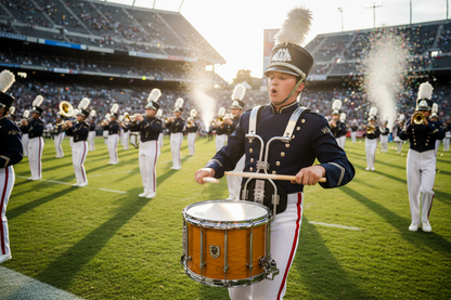 Marching snare drum player in action